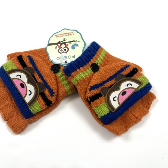 Children's (5-8 yrs) Knit Convertible Mitten Gloves - Bear - Orange/ Navy- NWT - Picture 3 of 5